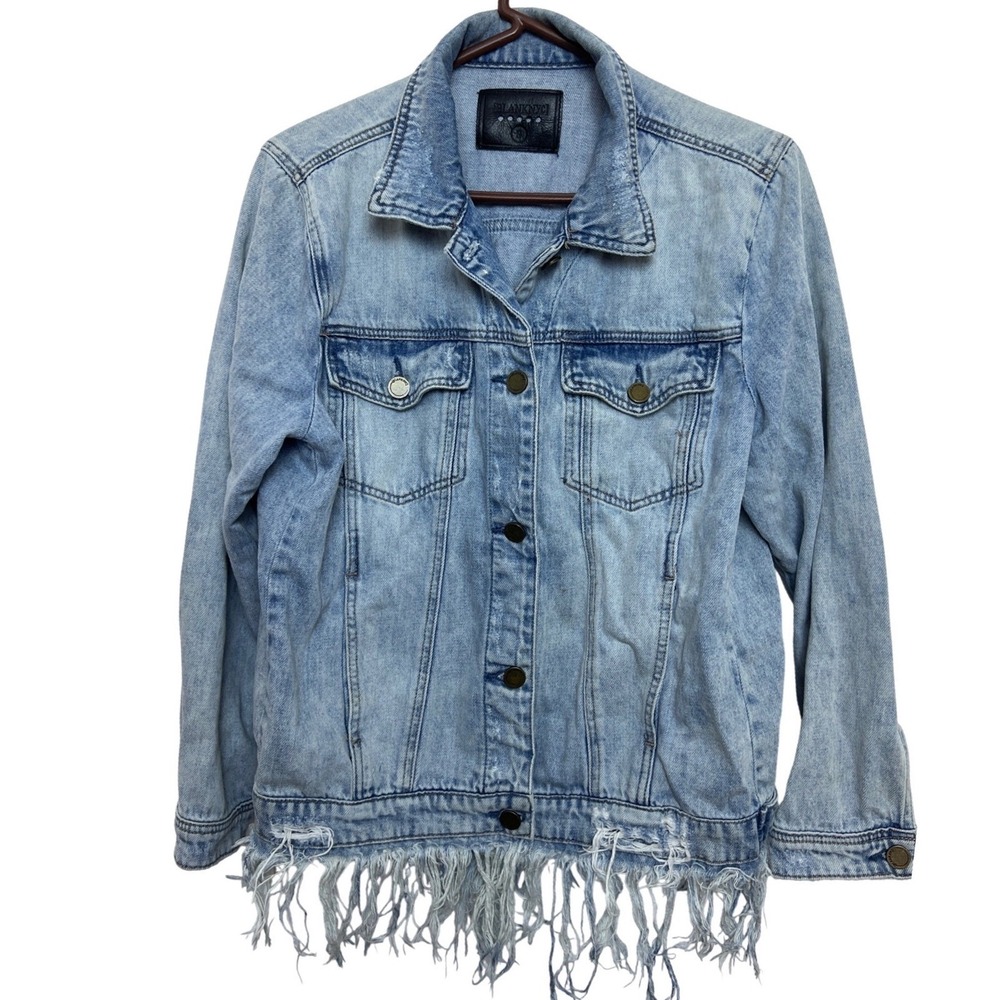 BLANKNYC Whiplash Distressed Frayed Hem Denim Jacket Light Wash S Y2K Layering